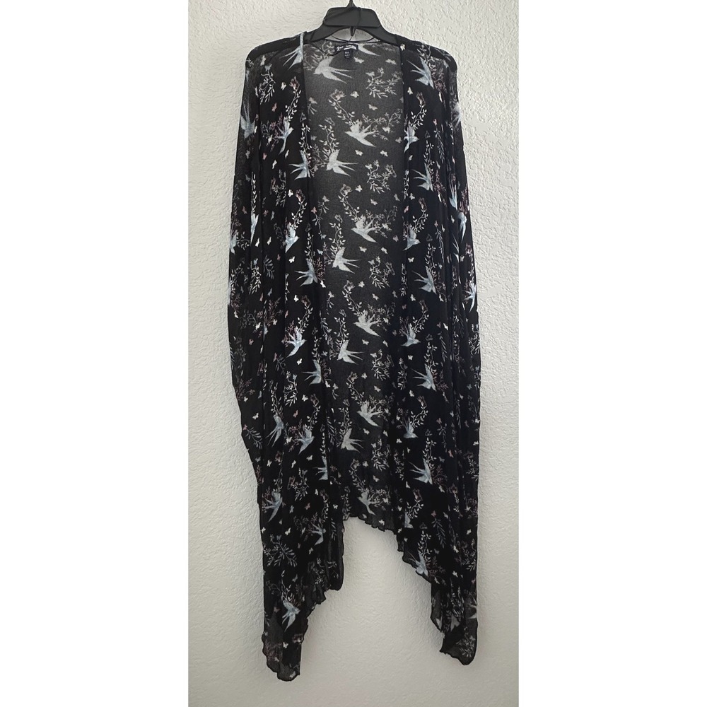 Freshman 1896 Kimono Duster Open Cardigan Floral Bird Dove Black M/L Oversized